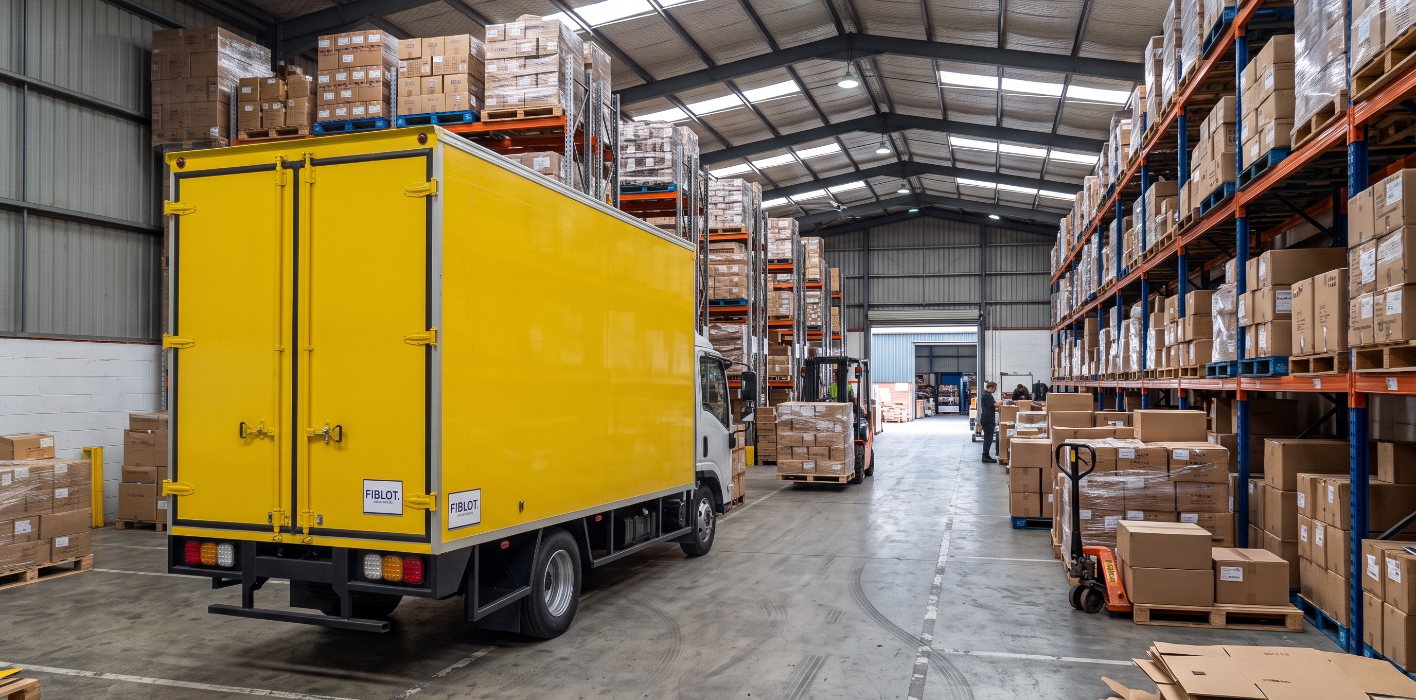 Box Lorry operating in a modern logistics warehouse
