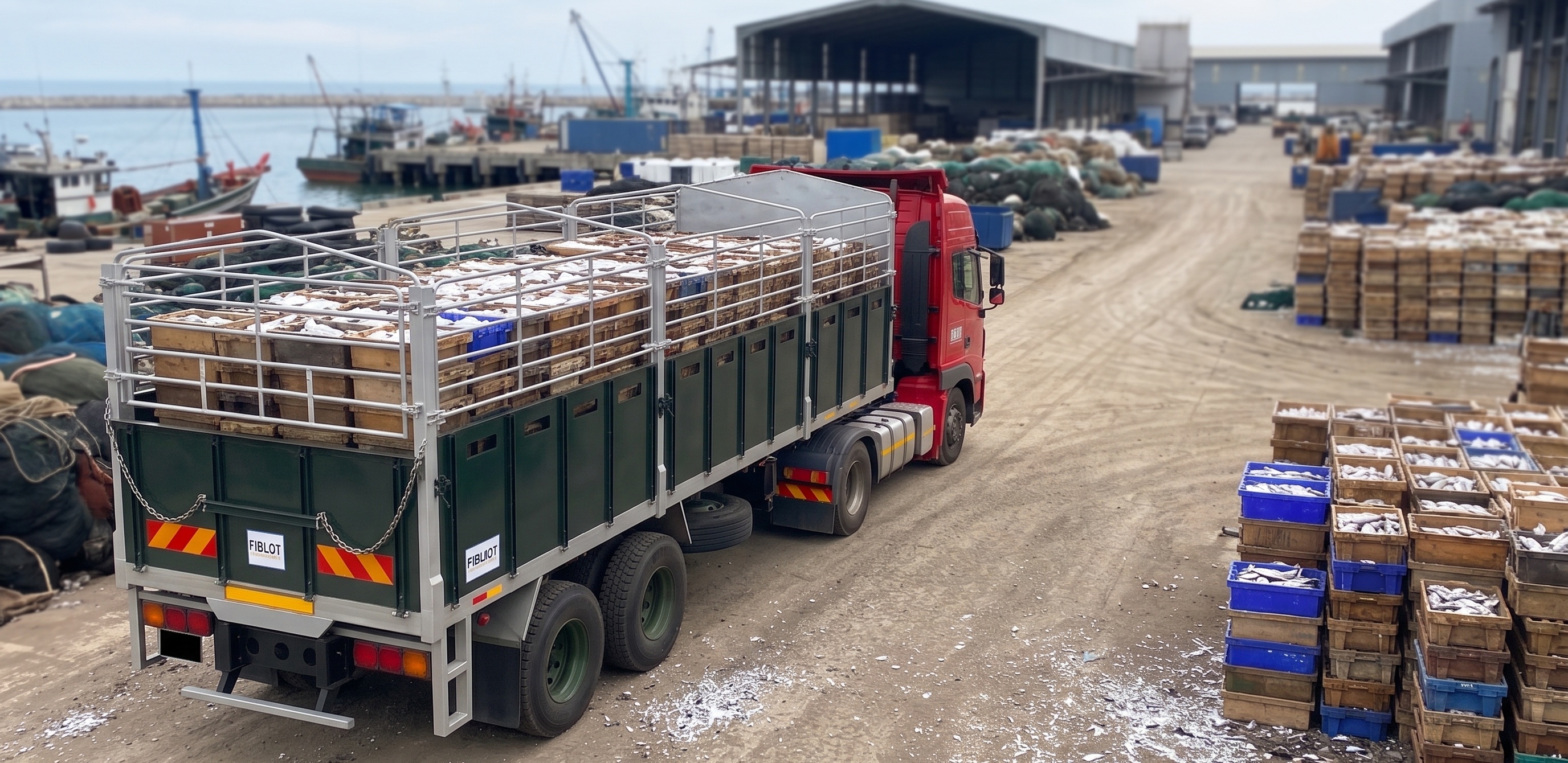 Seafood Lorry transporting fresh catch in a fishing port terminal