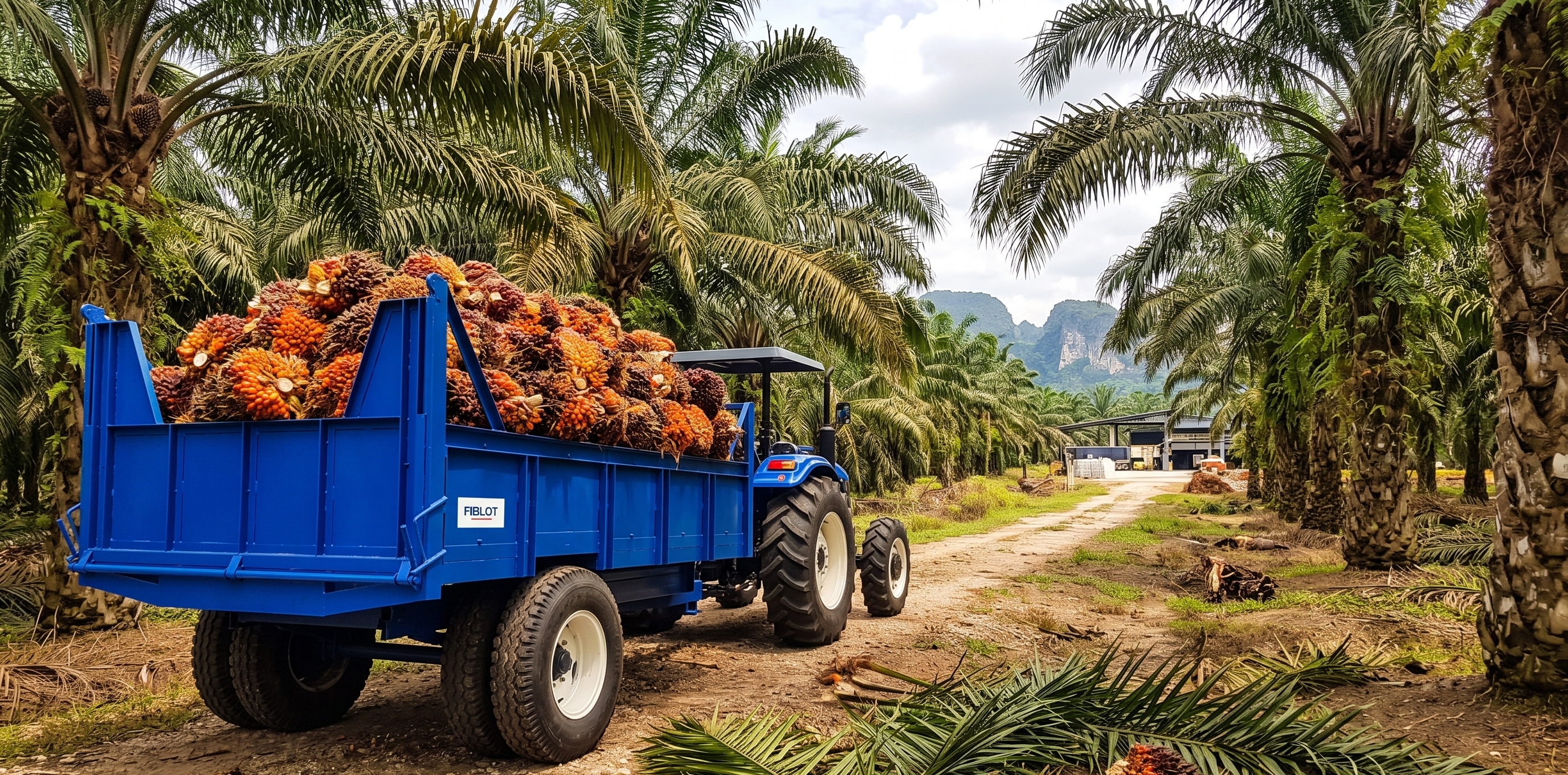 Tractor Tipper Trailer hauling fresh oil palm harvest in plantation
